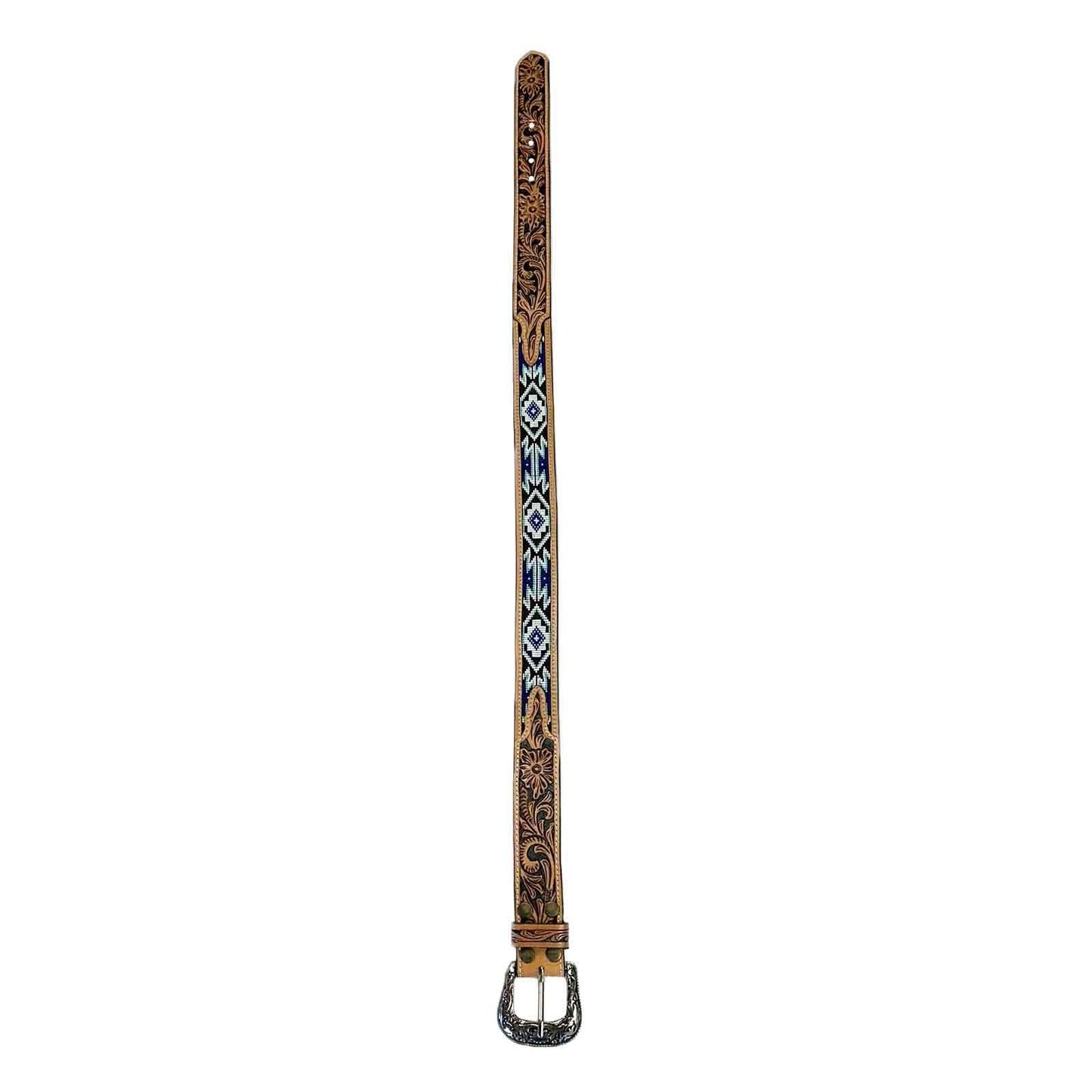 Heavy Duty Brown Tooled Leather Western Belt with Blue & White Native Pattern Beaded Inlay - Rockmount Ranch Wear - Flyclothing LLC