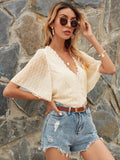Lace Detail V-Neck Siwss Dot Blouse - Trendsi