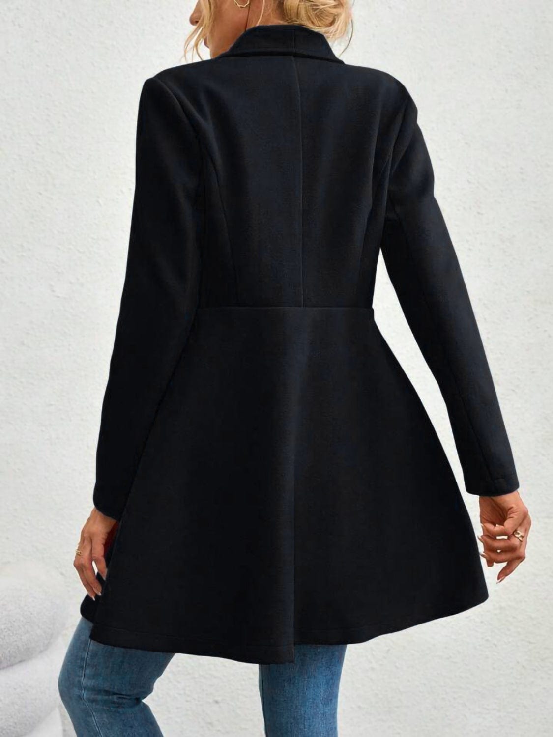 Collared Neck Button Up Long Sleeve Coat - Trendsi