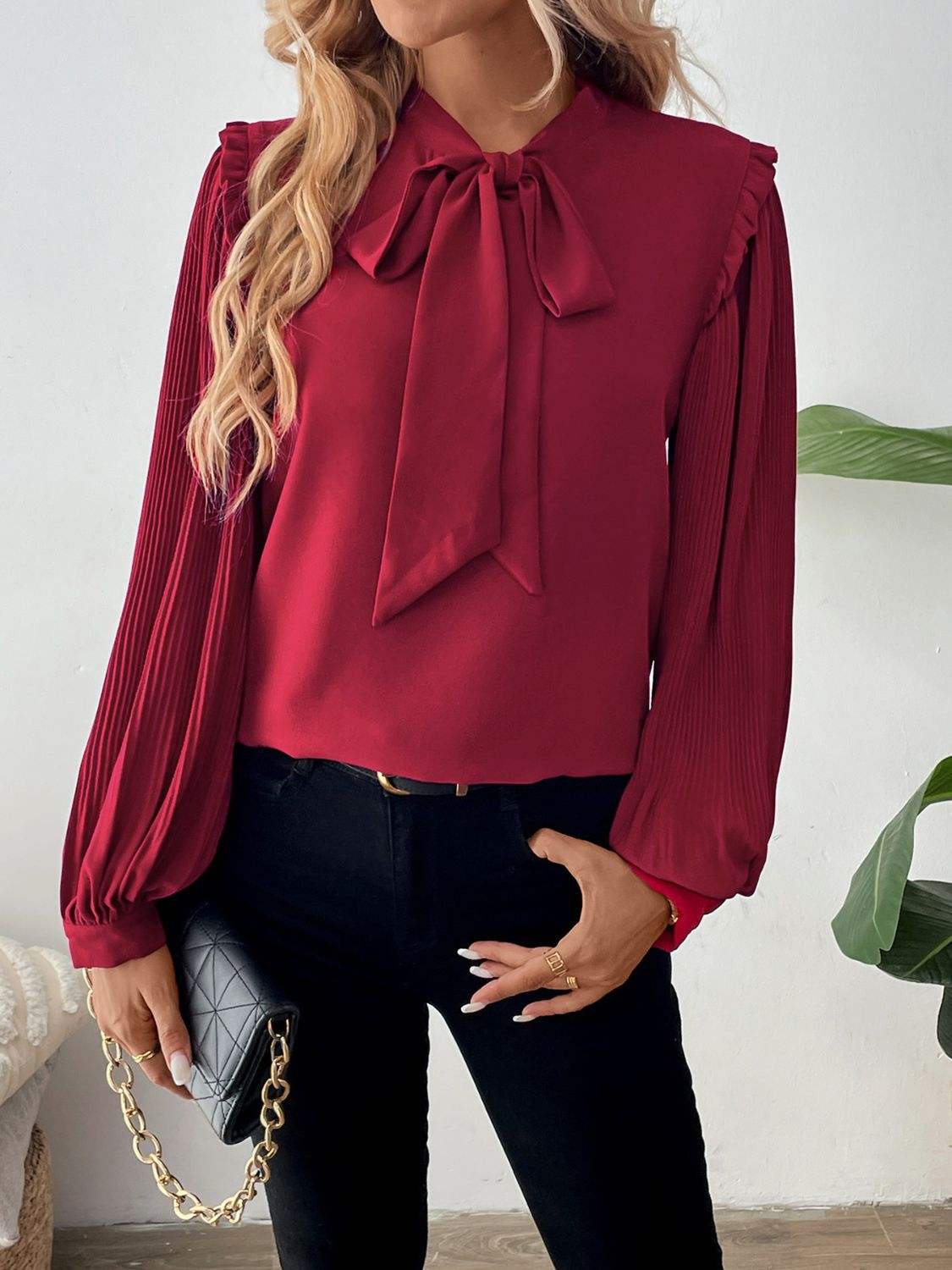 Perfee Frill Tie Neck Long Sleeve Blouse - Trendsi - Flyclothing LLC