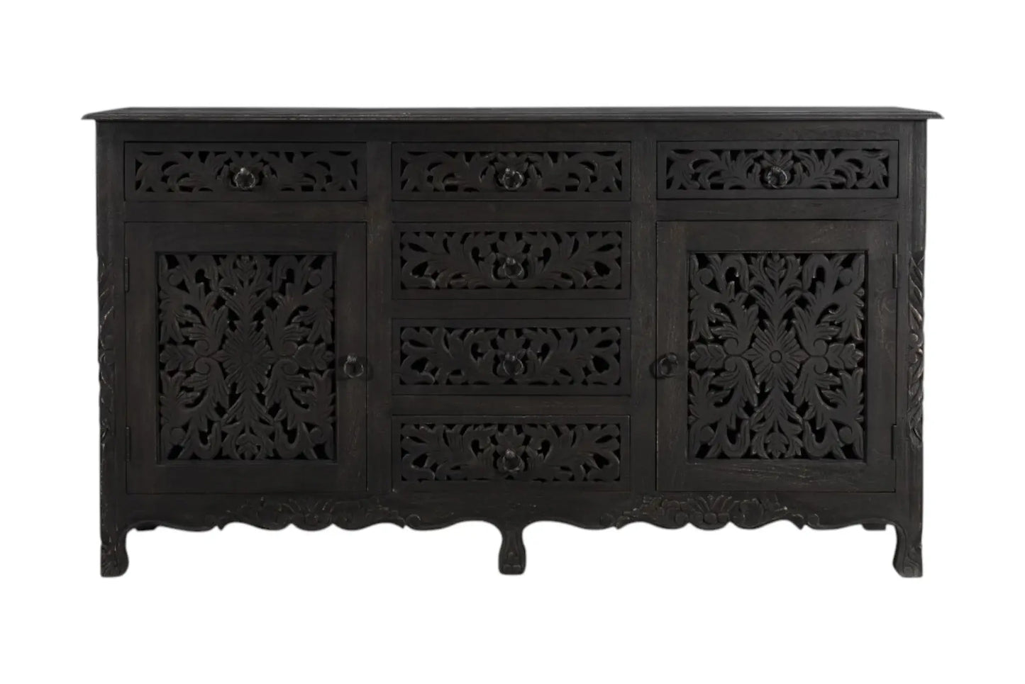 66" Black Distressed Solid Wood Carved Floral Six Drawer Sideboard With Two Doors - Homeroots - Flyclothing LLC