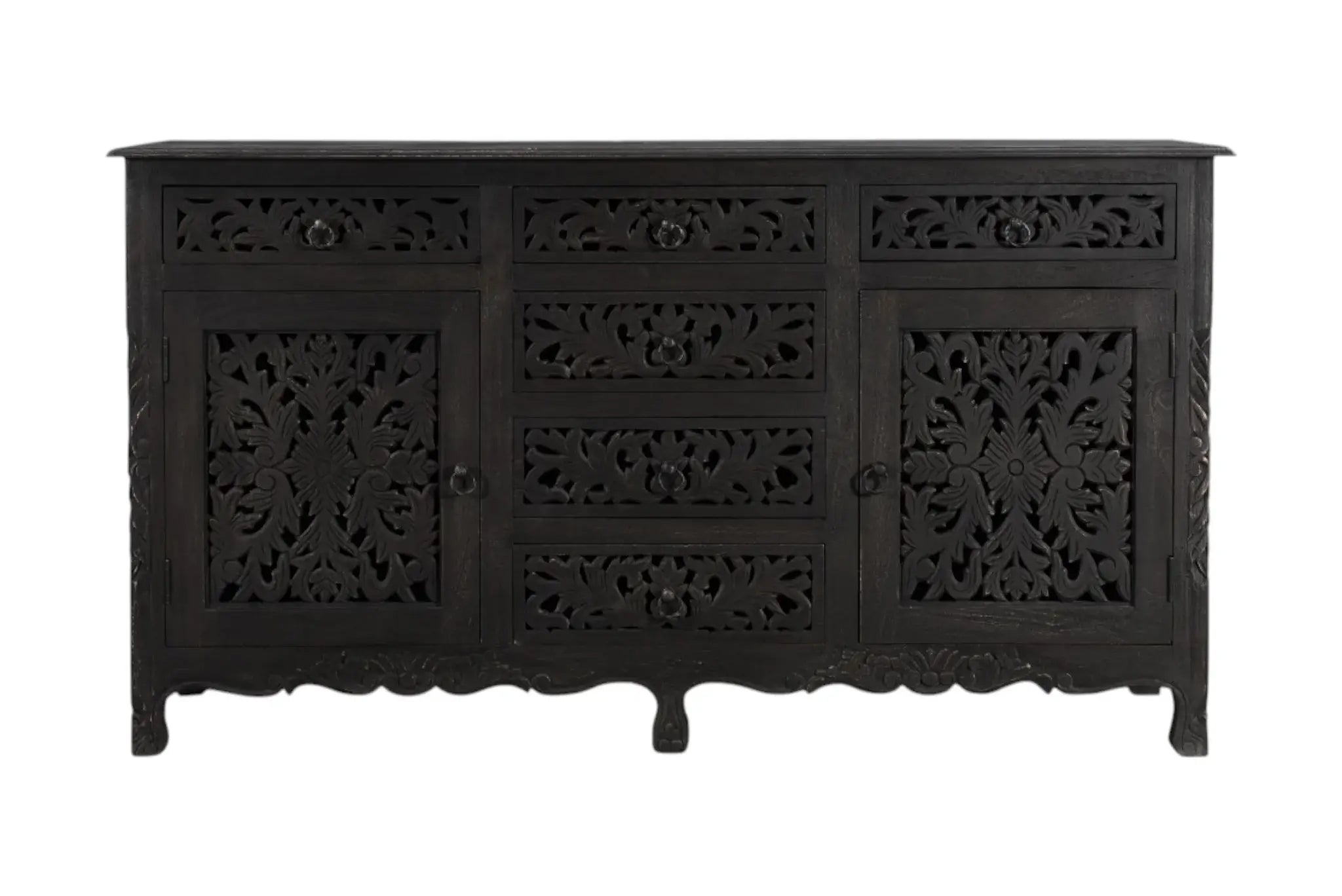66" Black Distressed Solid Wood Carved Floral Six Drawer Sideboard With Two Doors - Homeroots - Flyclothing LLC