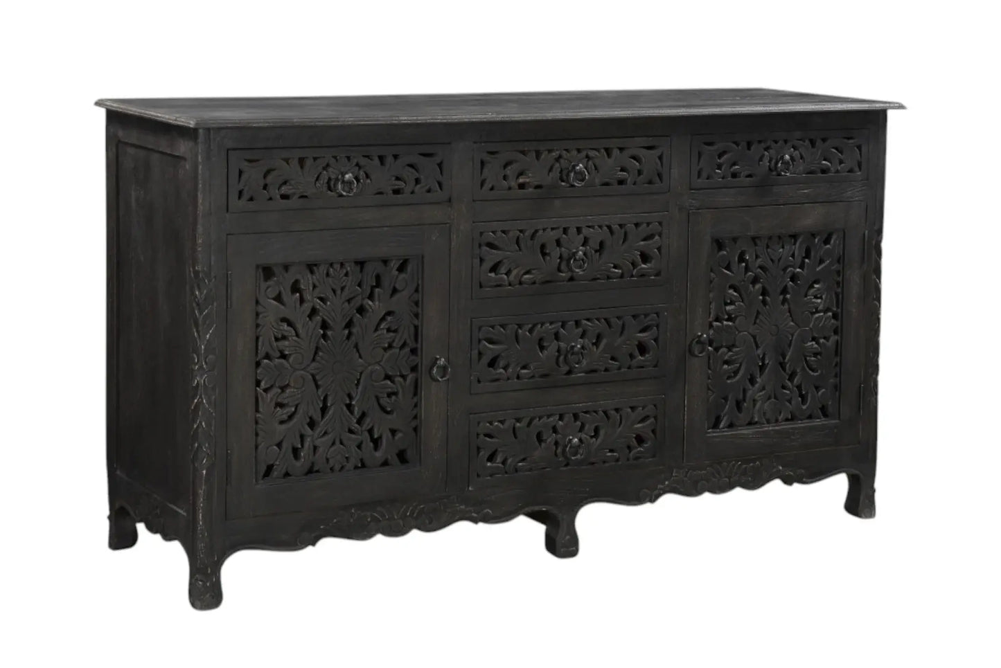 66" Black Distressed Solid Wood Carved Floral Six Drawer Sideboard With Two Doors - Homeroots - Flyclothing LLC
