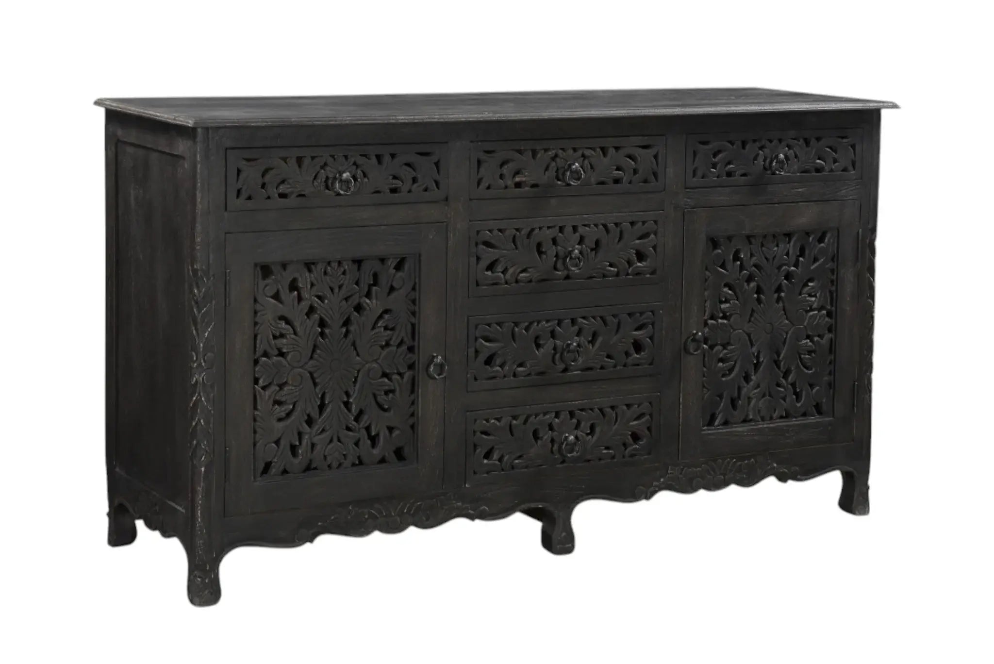 66" Black Distressed Solid Wood Carved Floral Six Drawer Sideboard With Two Doors - Homeroots - Flyclothing LLC