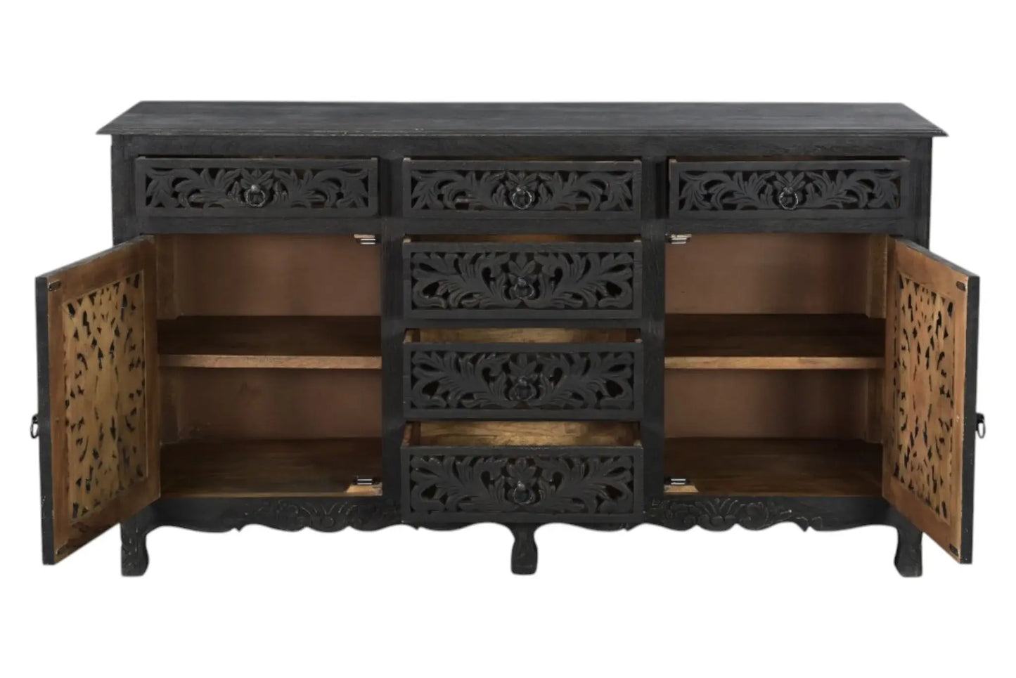66" Black Distressed Solid Wood Carved Floral Six Drawer Sideboard With Two Doors - Homeroots - Flyclothing LLC