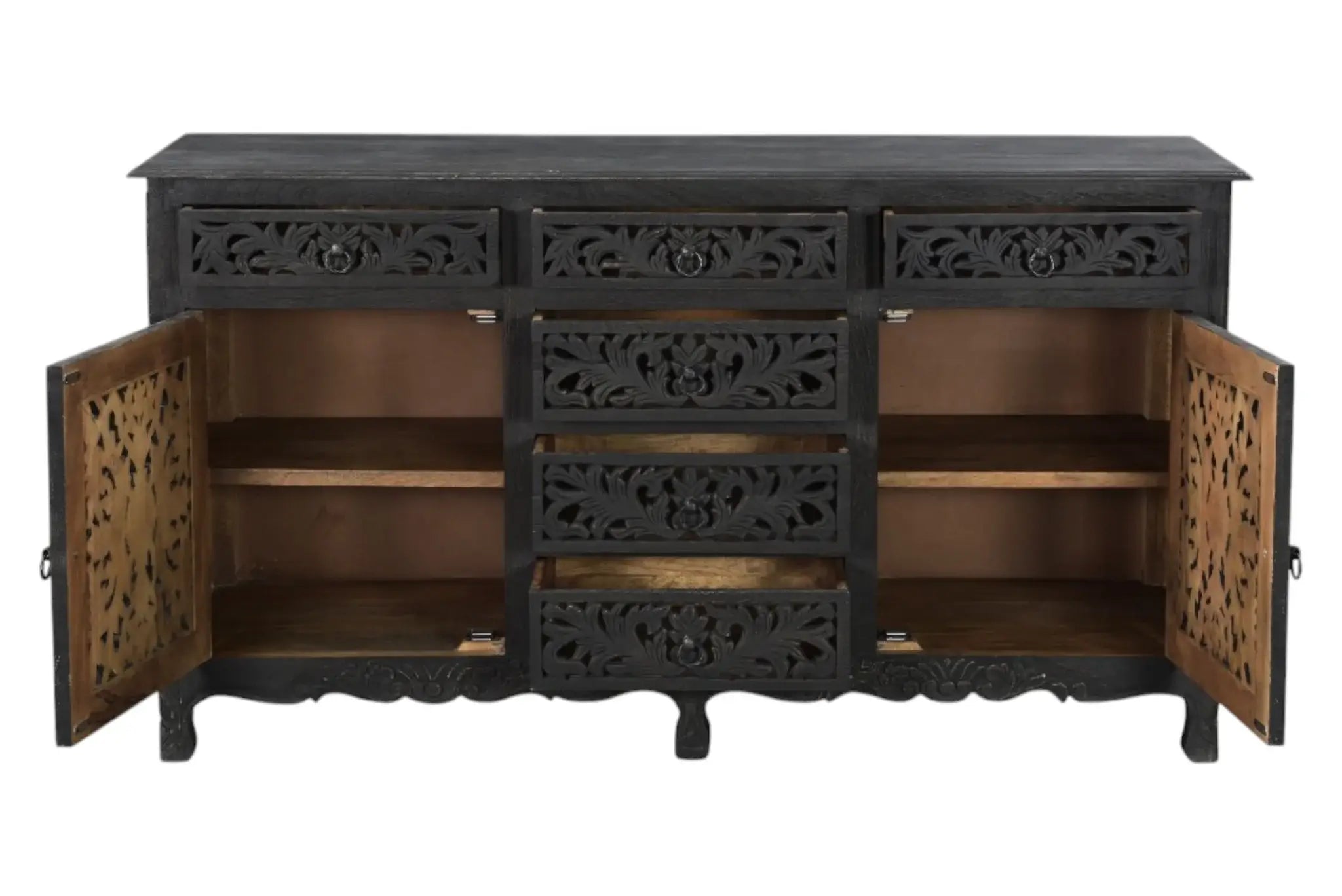 66" Black Distressed Solid Wood Carved Floral Six Drawer Sideboard With Two Doors - Homeroots - Flyclothing LLC