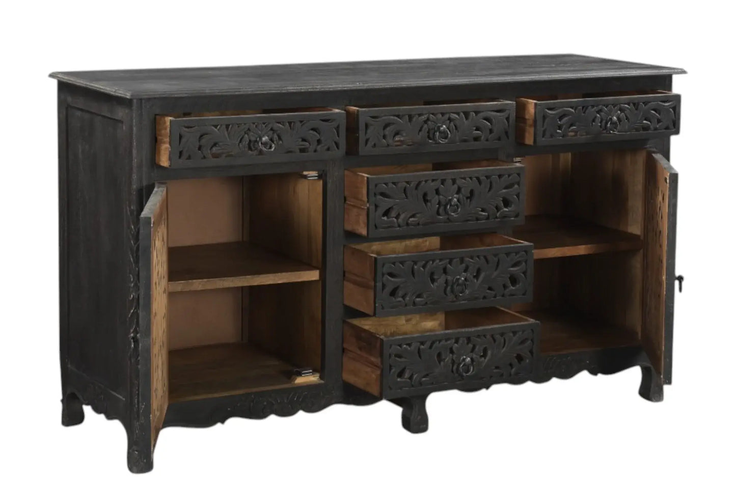 66" Black Distressed Solid Wood Carved Floral Six Drawer Sideboard With Two Doors - Homeroots - Flyclothing LLC
