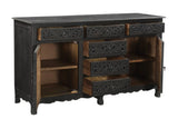 66" Black Distressed Solid Wood Carved Floral Six Drawer Sideboard With Two Doors - Homeroots - Flyclothing LLC