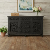 66" Black Distressed Solid Wood Carved Floral Six Drawer Sideboard With Two Doors - Homeroots - Flyclothing LLC