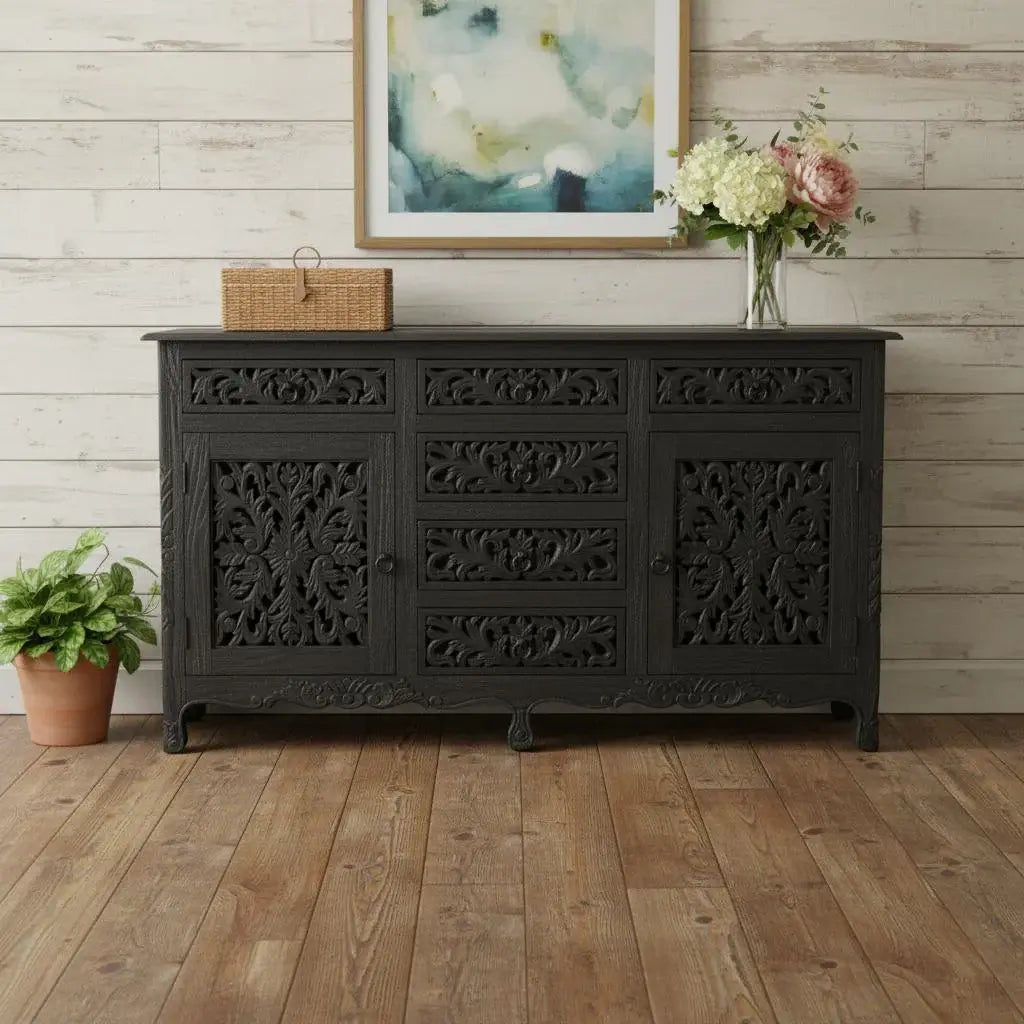 66" Black Distressed Solid Wood Carved Floral Six Drawer Sideboard With Two Doors - Homeroots - Flyclothing LLC