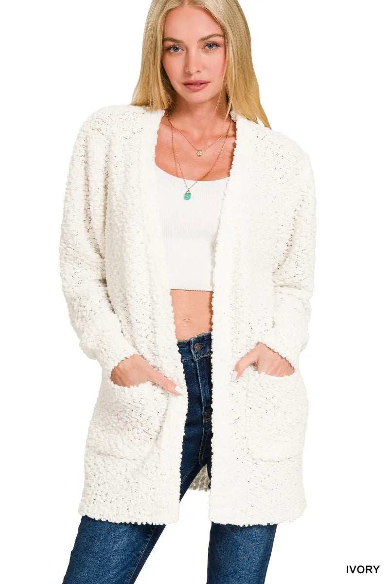 Zenana Long Sleeve Popcorn Sweater Cardigan with Pockets - Trendsi - Flyclothing LLC