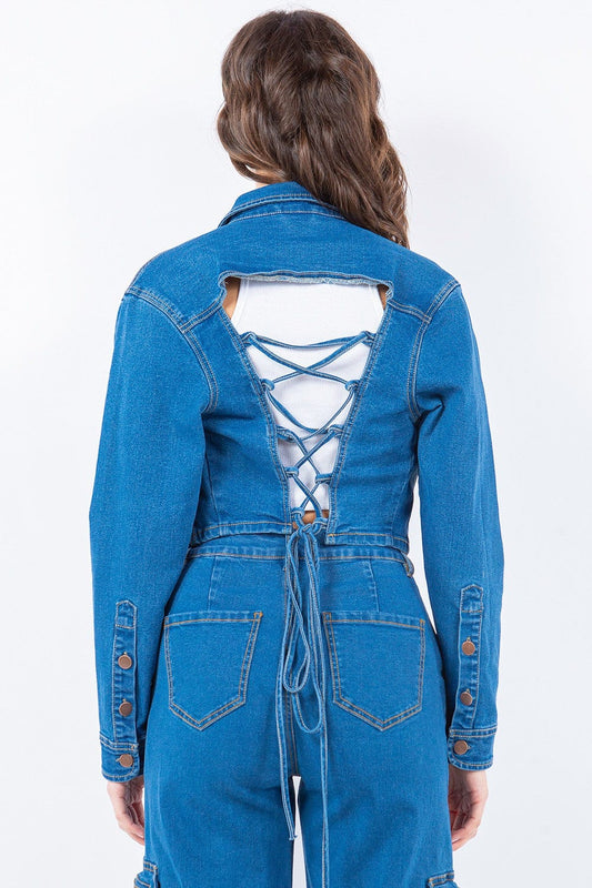 American Bazi Laced Back Cropped Denim Jacket - Trendsi