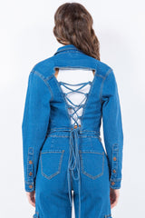 American Bazi Laced Back Cropped Denim Jacket - Trendsi