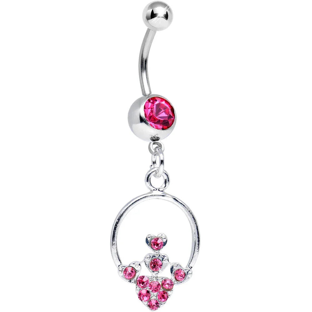 Pink Gem Hoop Encircled Hearts Dangle Belly Ring - BodyCandy - Flyclothing LLC