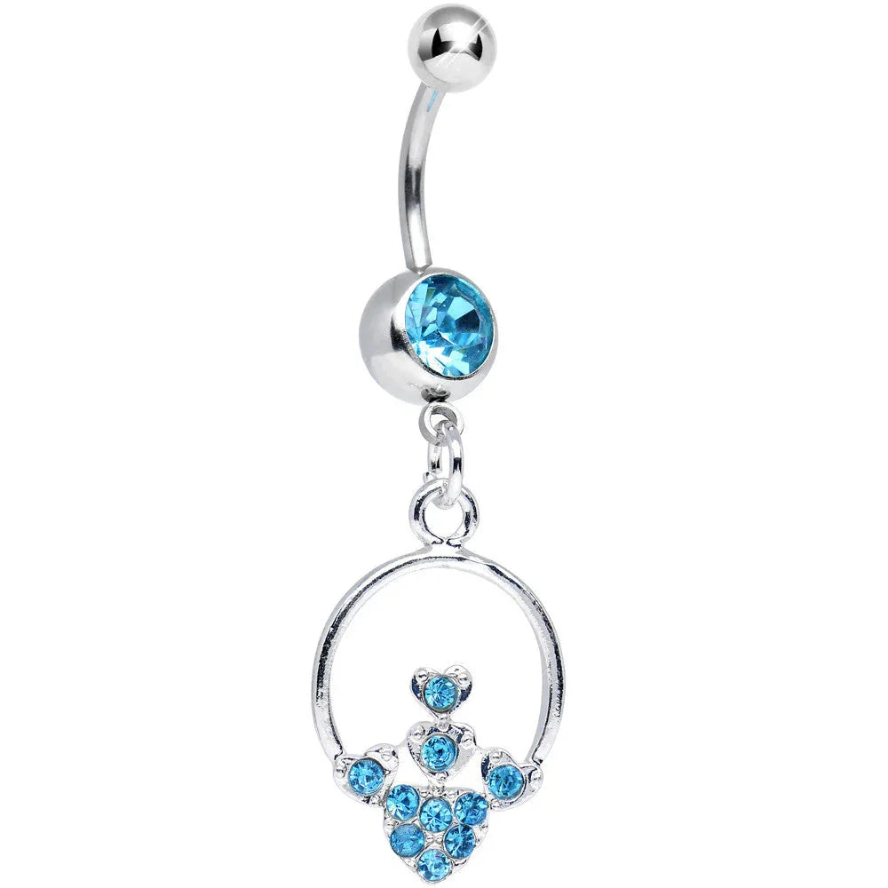 Aqua Gem Hoop Encircled Hearts Dangle Belly Ring - BodyCandy - Flyclothing LLC