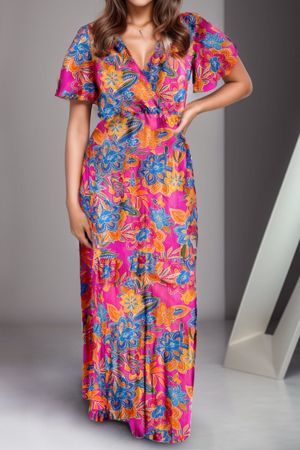 Printed Surplice Short Sleeve Maxi Dress - Trendsi