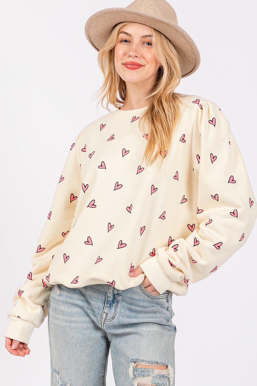 SAGE + FIG Heart Printed Contrast Long Sleeve Sweatshirt - Trendsi