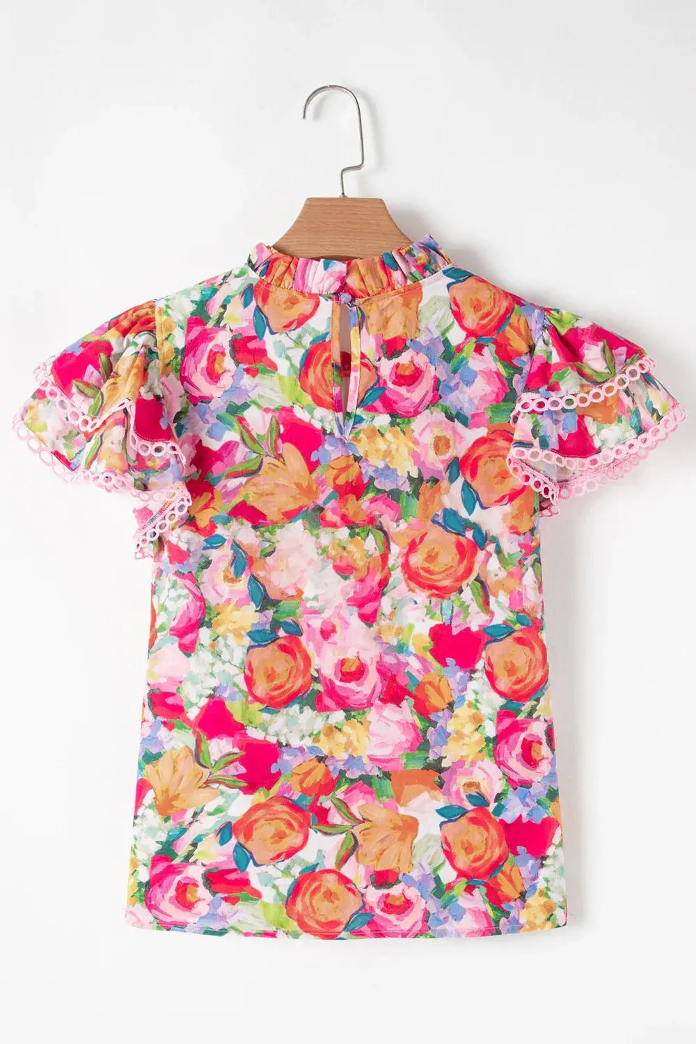 Lace Trim Ruffle Cap Sleeve Floral Blouse - Trendsi - Flyclothing LLC