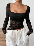 Square Neck Long Sleeve Lace Top - Trendsi