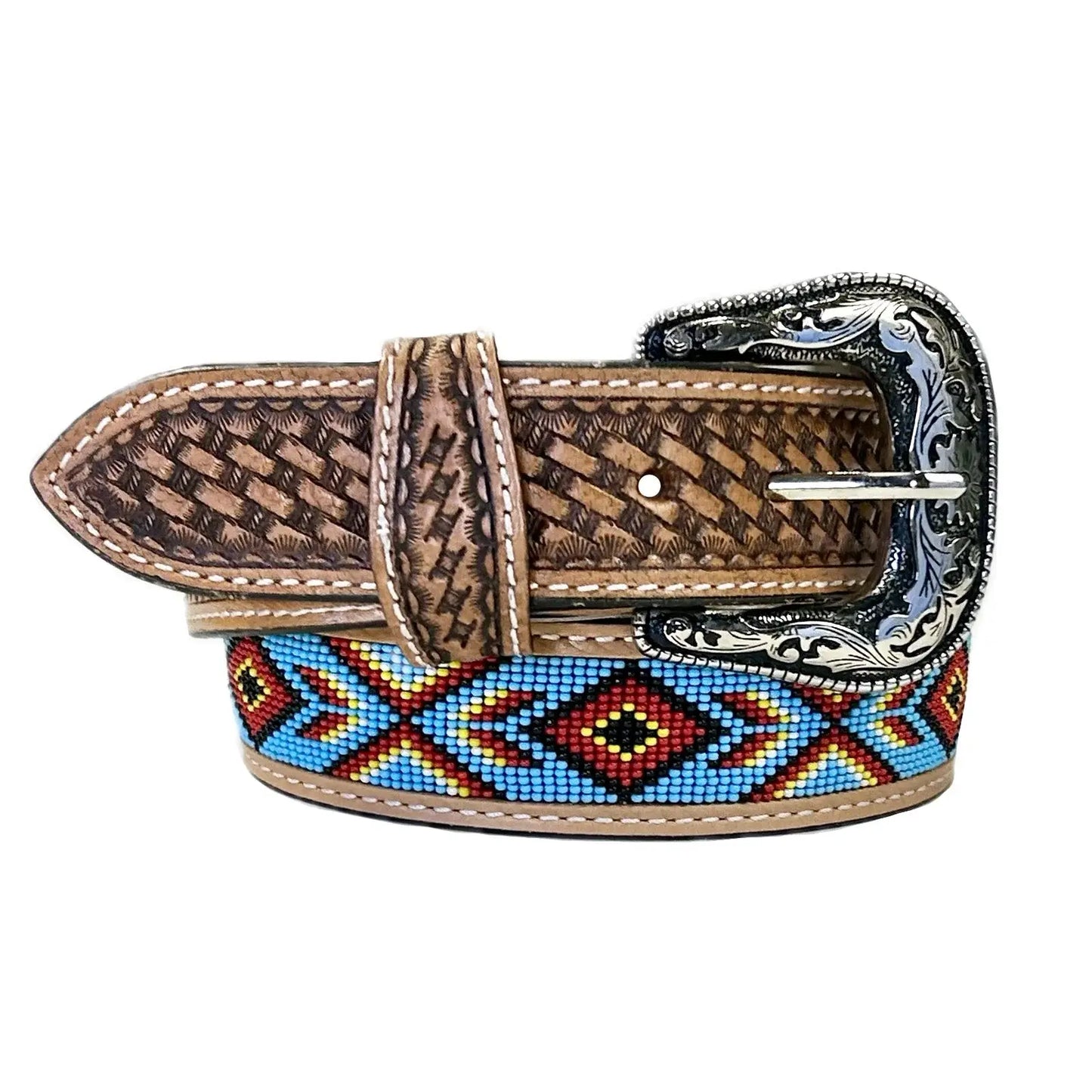 Heavy Duty Brown Tooled Leather Western Belt with Blue & Red Native Pattern Beaded Inlay - Rockmount Ranch Wear - Flyclothing LLC