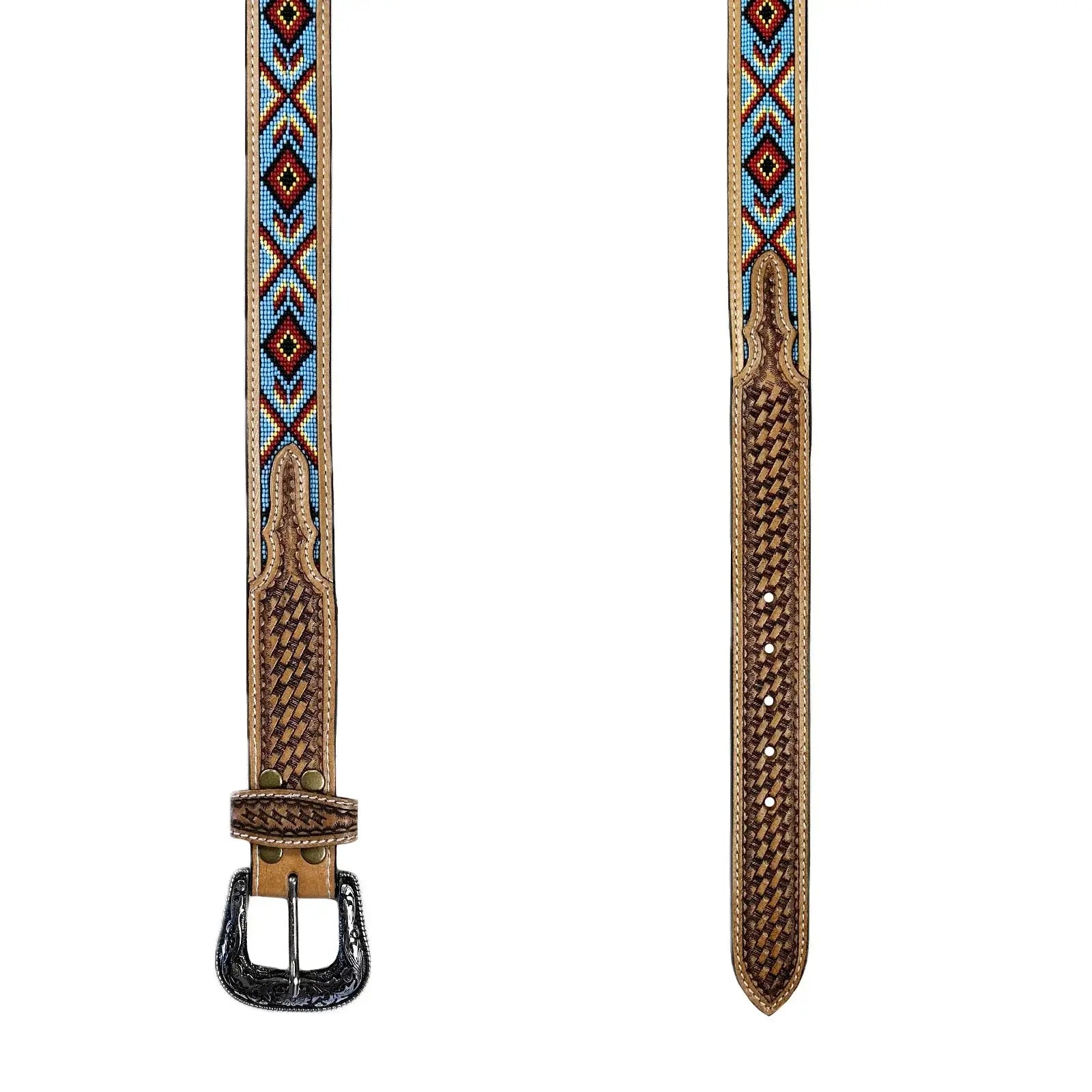 Heavy Duty Brown Tooled Leather Western Belt with Blue & Red Native Pattern Beaded Inlay - Rockmount Ranch Wear - Flyclothing LLC