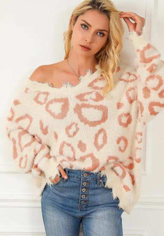 Distressed Trim Leopard V-Neck Sweater - Trendsi - Flyclothing LLC