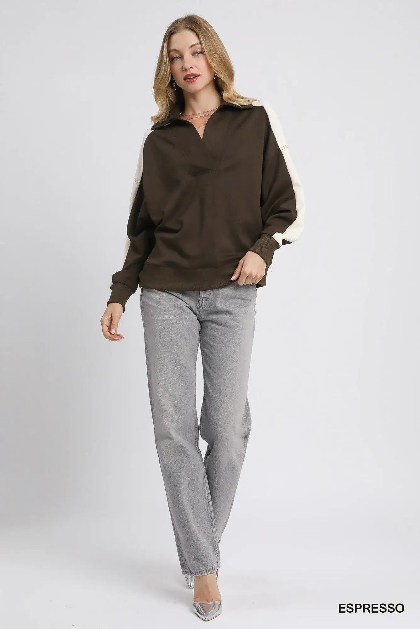 Umgee Color Block Polo Sweatshirt - Trendsi - Flyclothing LLC