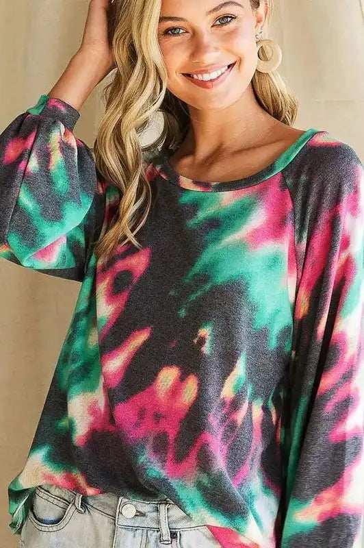 BiBi Tie Dye Print Terry Top with Puff Sleeves - Trendsi - Flyclothing LLC
