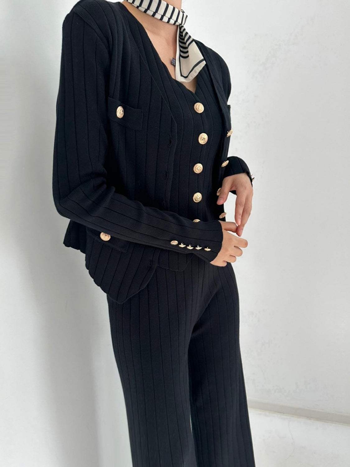 V-Neck Tank, Cardigan and Pants Three-Piece Sweater Set - Trendsi - Flyclothing LLC
