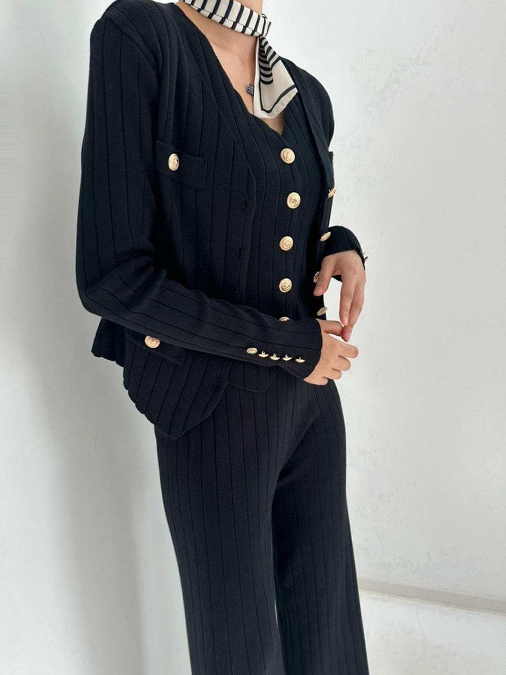 V-Neck Tank, Cardigan and Pants Three-Piece Sweater Set - Trendsi - Flyclothing LLC