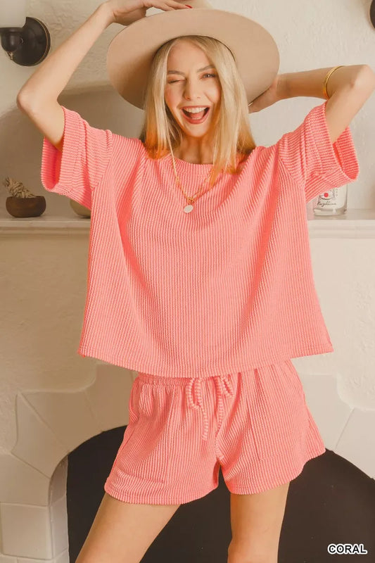 Zenana Raised Rib Short Sleeve Tee and Drawstring Shorts Set - Trendsi - Flyclothing LLC