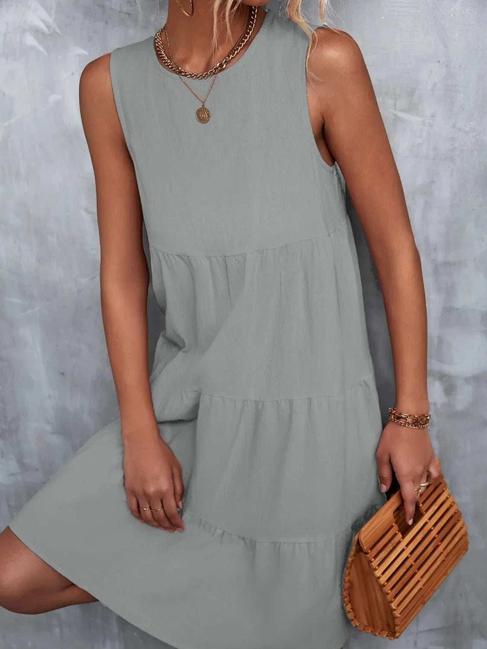 Tiered Round Neck Sleeveless Mini Tank Dress - Trendsi - Flyclothing LLC