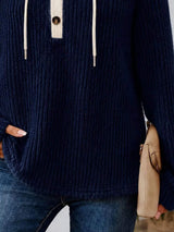 Full Size Drawstring Button Detail Hooded Sweater Plus Size - Trendsi - Flyclothing LLC