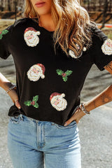 Christmas Holly Santa Claus Sequin Patched Graphic Tee - Trendsi - Flyclothing LLC