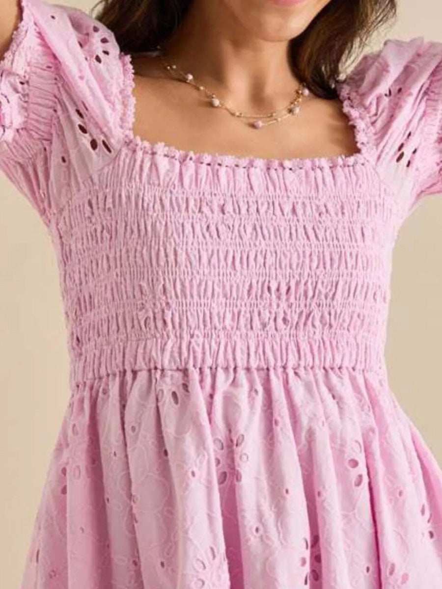 Eyelet Puff Sleeve Smocked Mini Dress - Trendsi - Flyclothing LLC