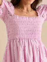 Eyelet Puff Sleeve Smocked Mini Dress - Trendsi - Flyclothing LLC