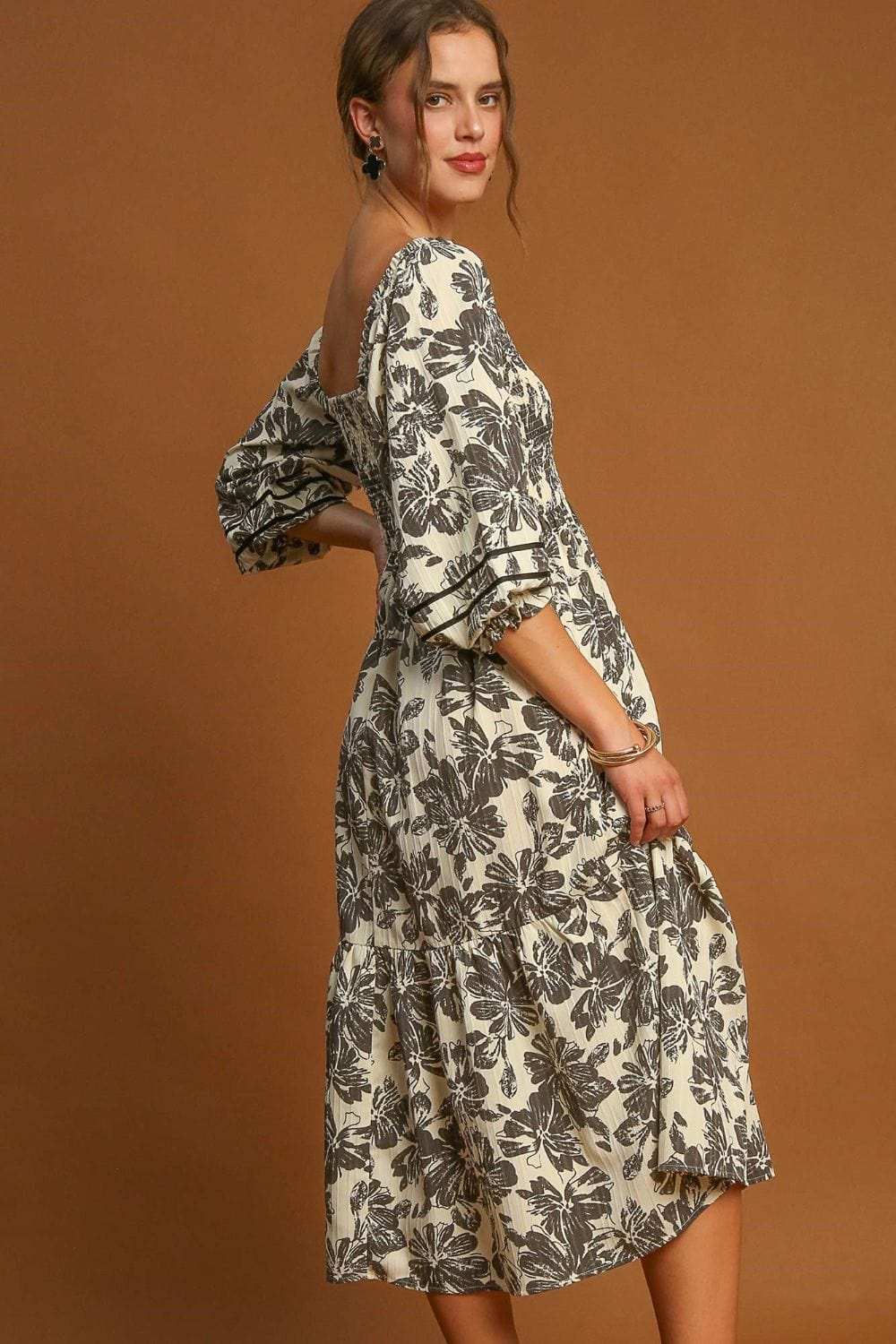 Umgee Ruffle Hem Flower Printed V-Neck Dress - Trendsi - Flyclothing LLC