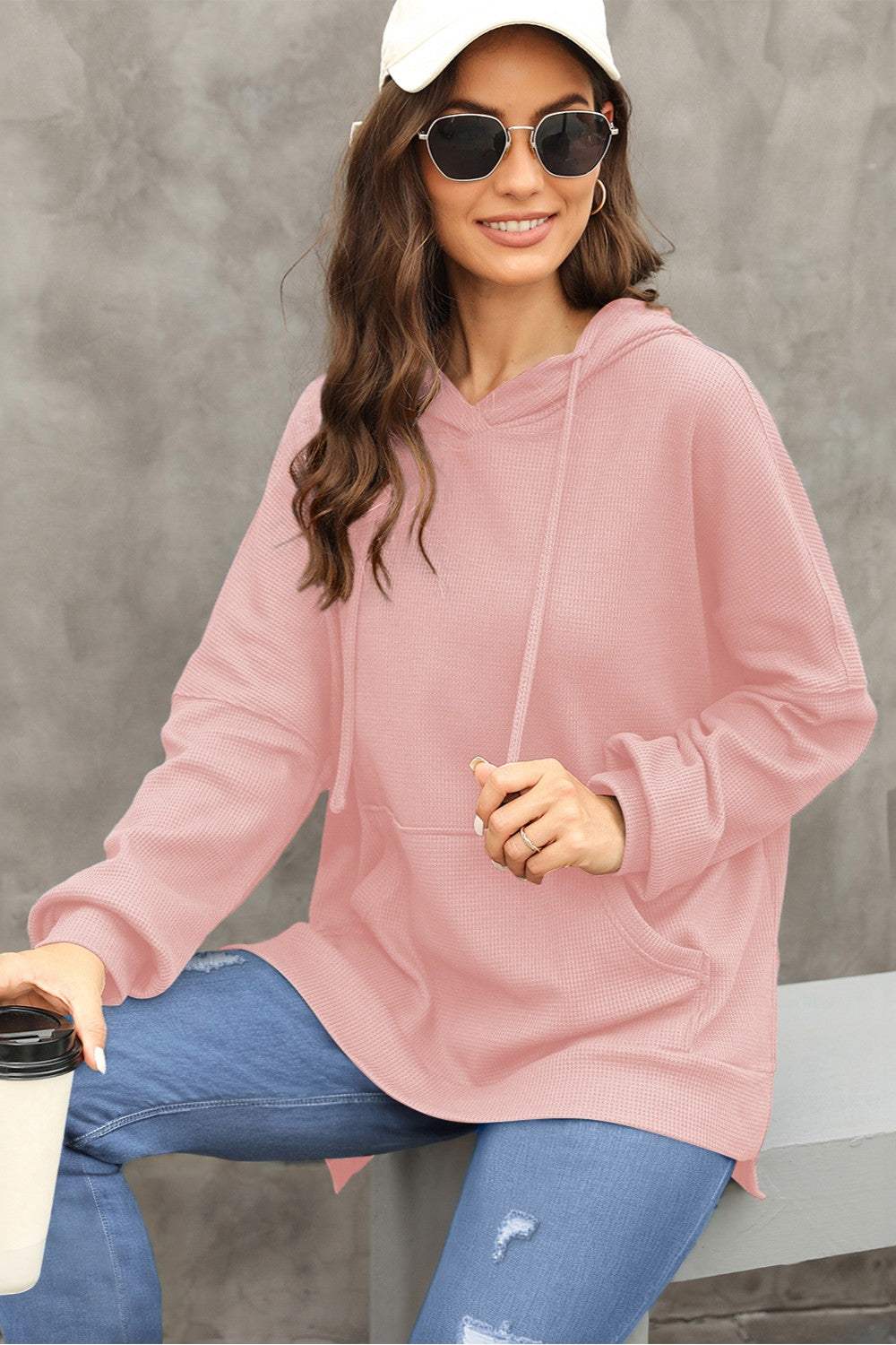 Waffle-Knit Long Sleeve Hoodie - Trendsi - Flyclothing LLC