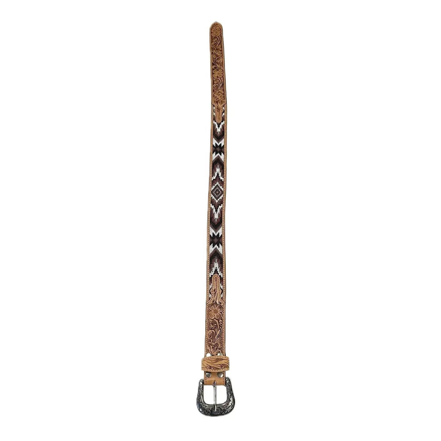 Heavy Duty Brown Tooled Leather Western Belt with Brown & White Native Pattern Beaded Inlay - Rockmount Ranch Wear - Flyclothing LLC