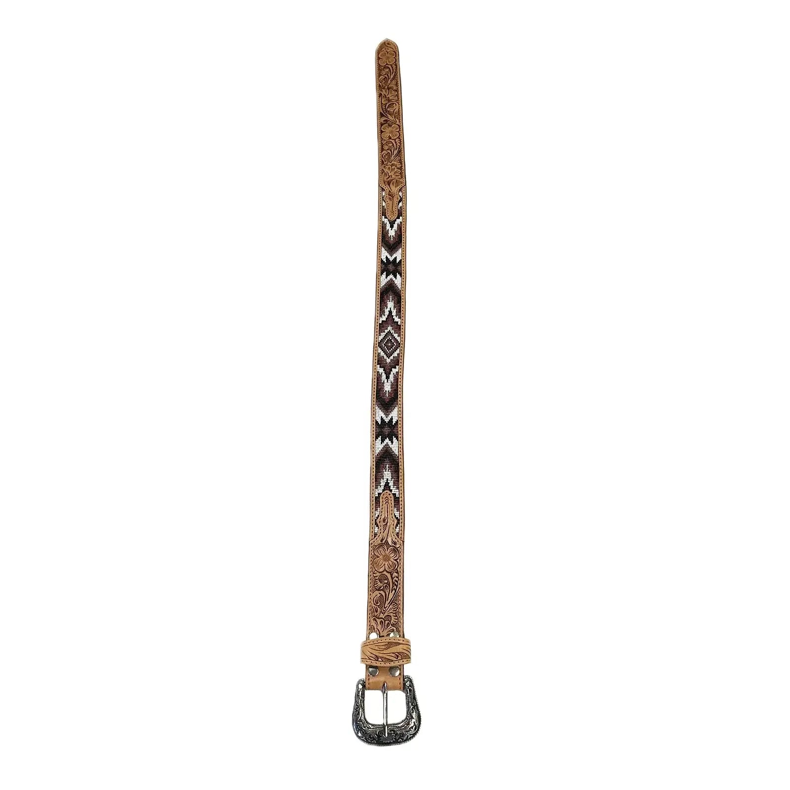Heavy Duty Brown Tooled Leather Western Belt with Brown & White Native Pattern Beaded Inlay - Rockmount Ranch Wear - Flyclothing LLC