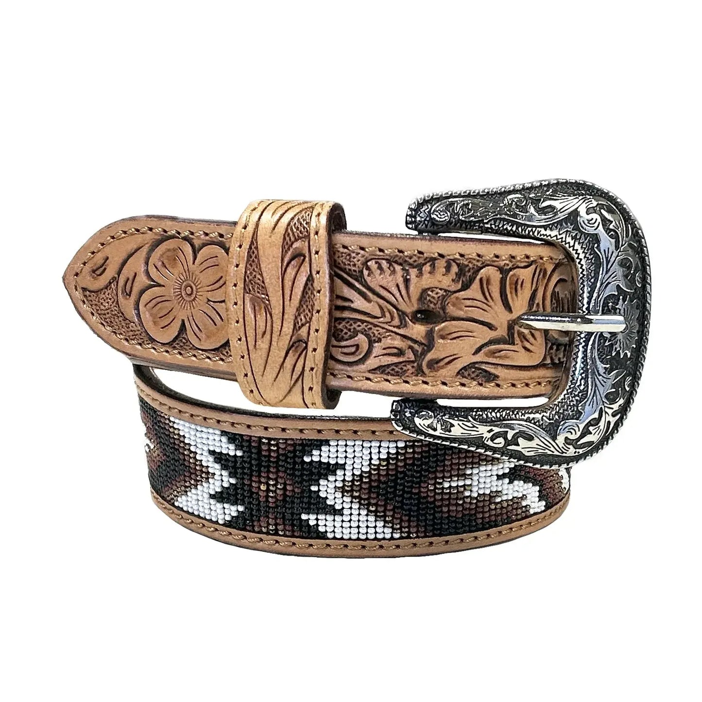 Heavy Duty Brown Tooled Leather Western Belt with Brown & White Native Pattern Beaded Inlay - Rockmount Ranch Wear - Flyclothing LLC