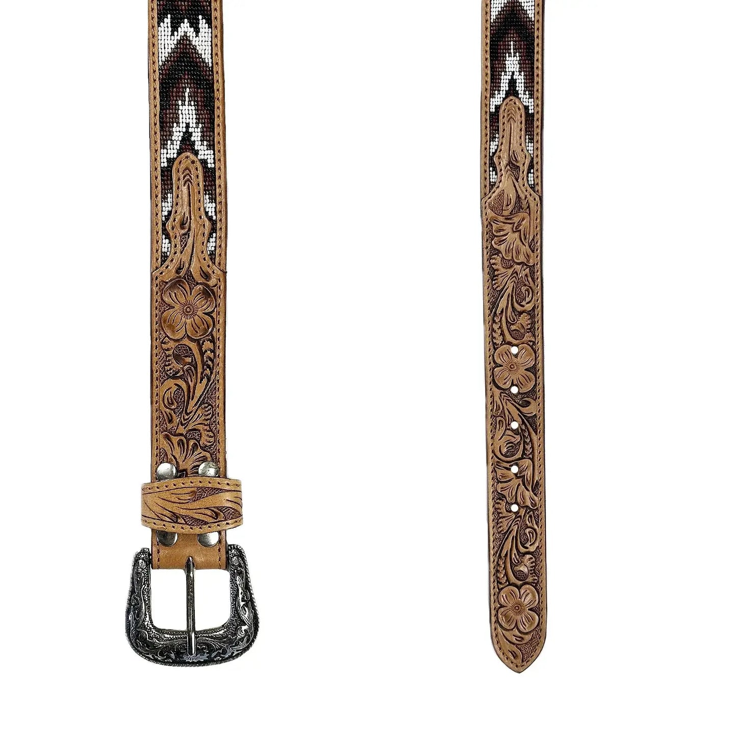 Heavy Duty Brown Tooled Leather Western Belt with Brown & White Native Pattern Beaded Inlay - Rockmount Ranch Wear - Flyclothing LLC