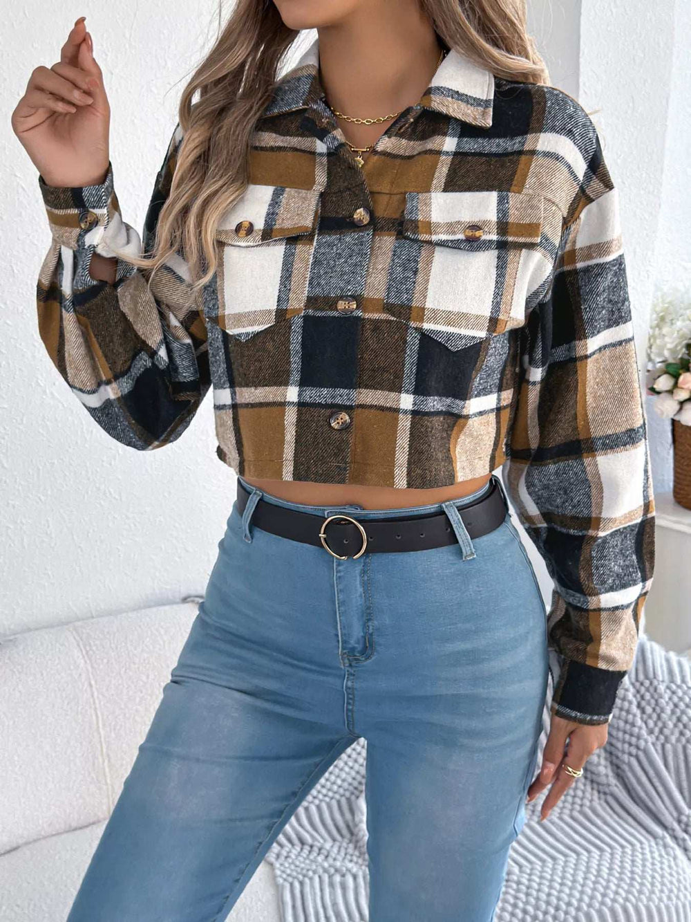Plaid Button Up Cropped Jacket - Trendsi - Flyclothing LLC