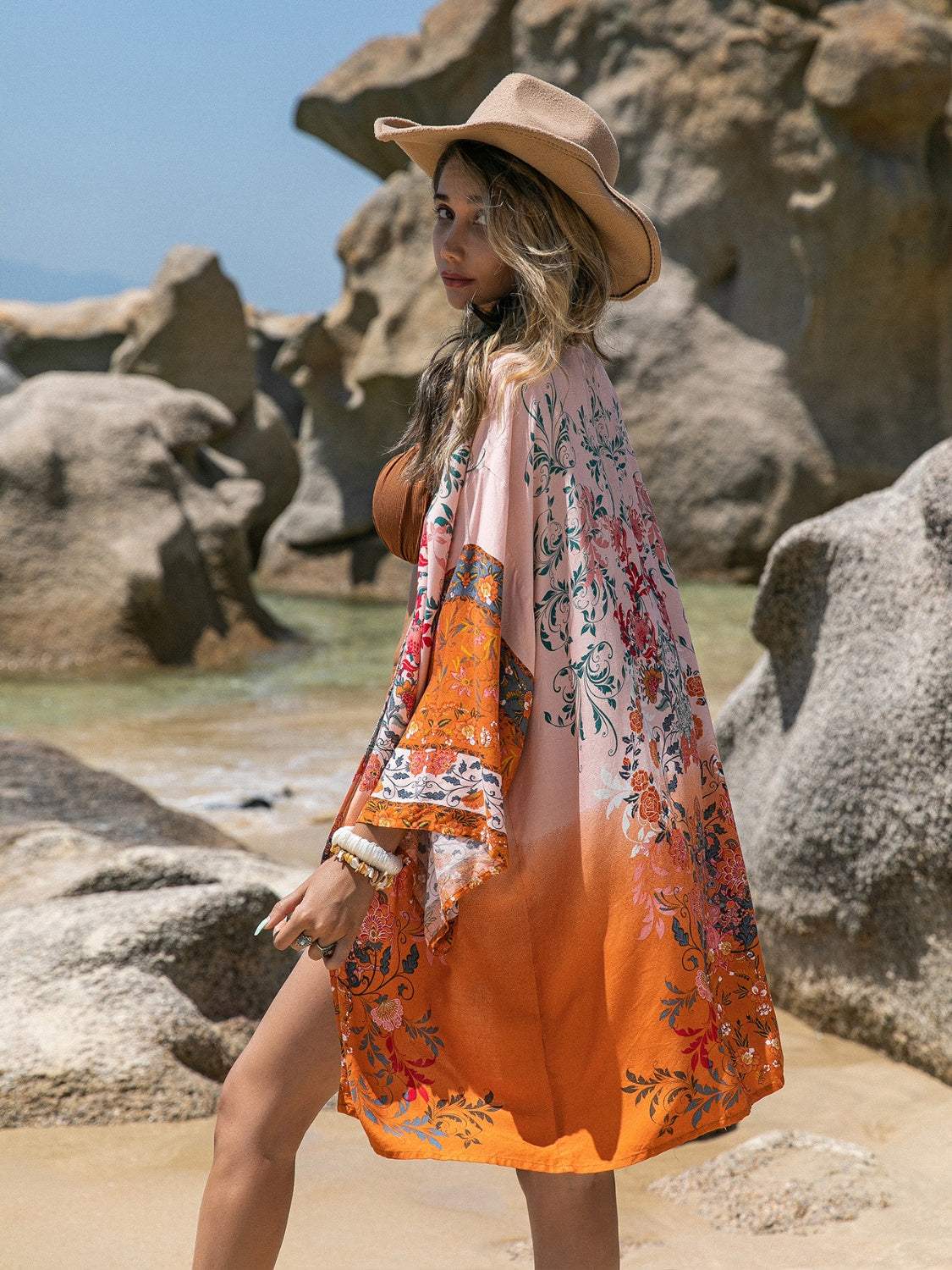 Printed Open Front Long Sleeve Cover-Up - Trendsi - Flyclothing LLC