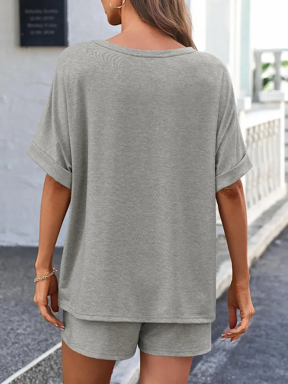 Round Neck T-Shirt and Drawstring Shorts Set - Trendsi - Flyclothing LLC