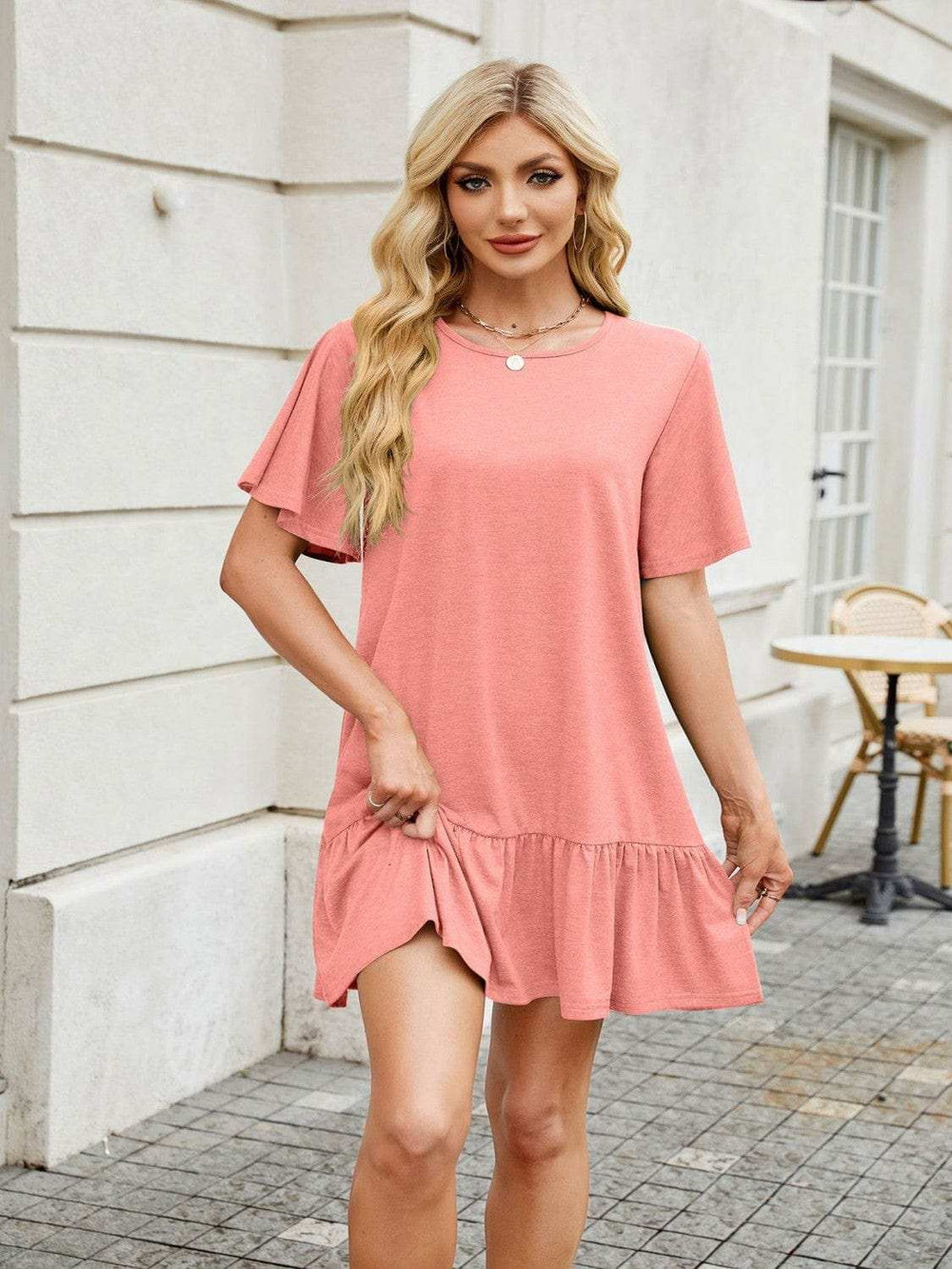 Round Neck Short Sleeve Mini Dress - Trendsi - Flyclothing LLC