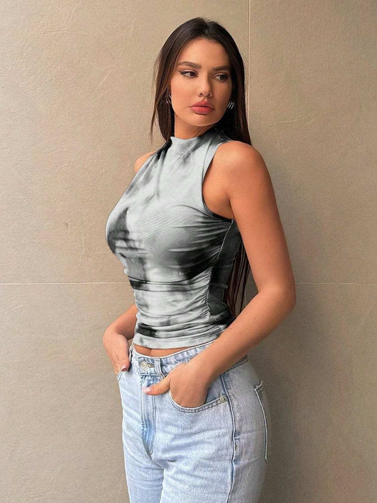 Printed Mock Neck Ruched Tank - Trendsi - Flyclothing LLC