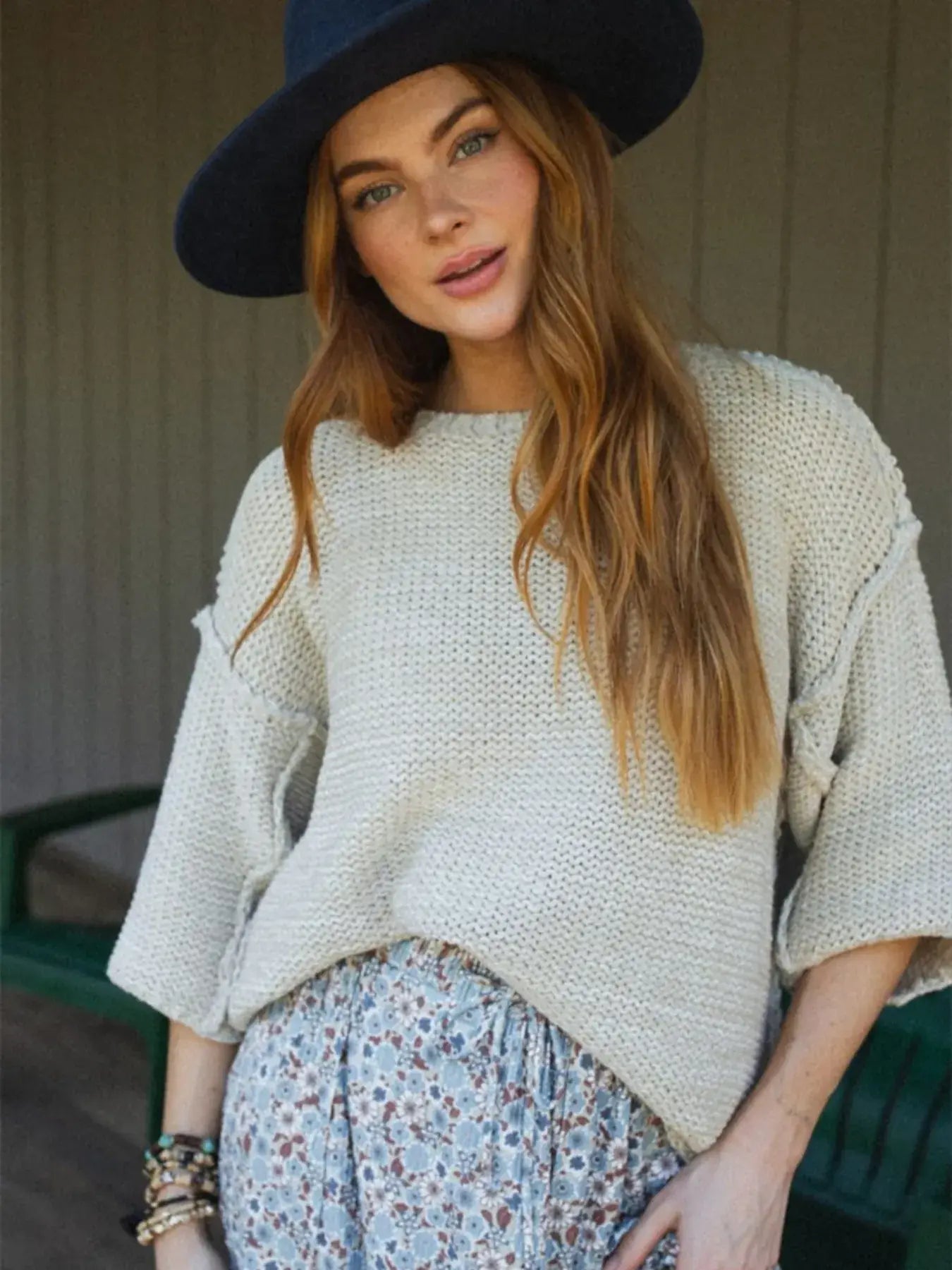 Round Neck Oversized Knit Top with Relaxed Fit - Trendsi - Flyclothing LLC