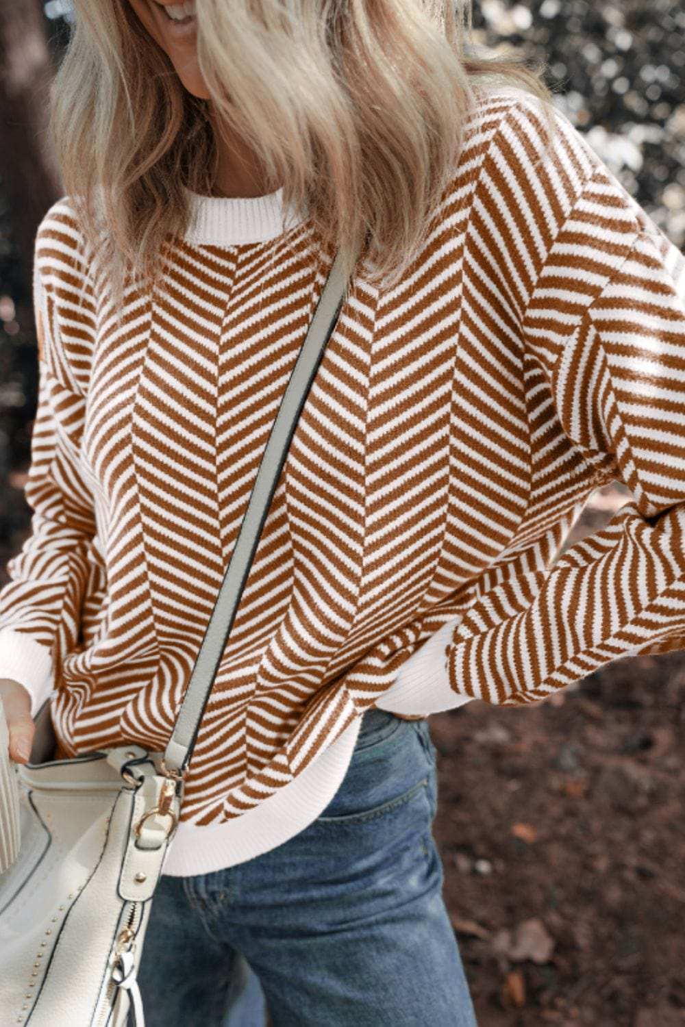 Striped Round Neck Long Sleeve Sweater - Trendsi - Flyclothing LLC