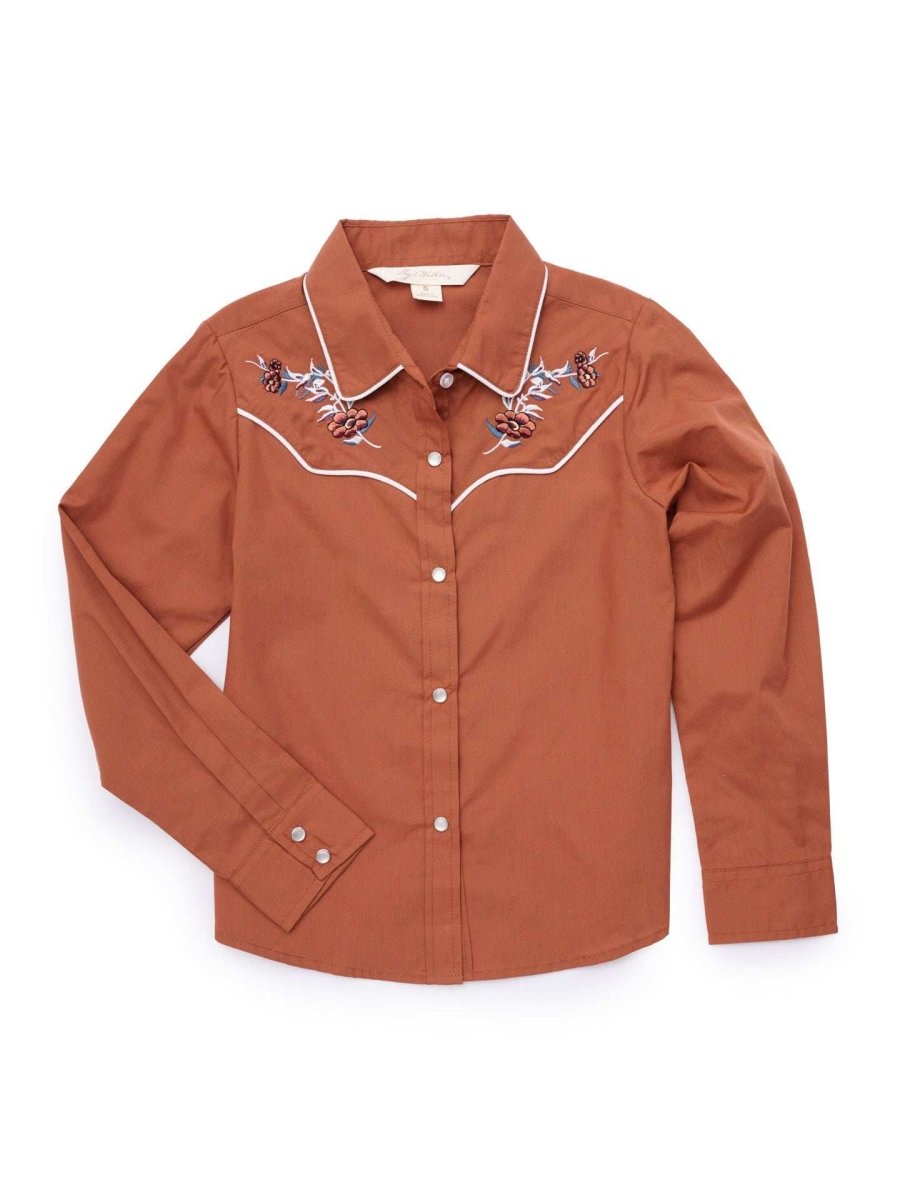 Girl's Ely Cattleman Solid Rust Western Snap Shirt with Floral Embroidery - Ely Cattleman - Flyclothing LLC